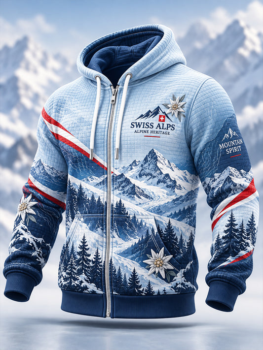 Herren-Kapuzenjacke aus Waffelstrick mit alpinem Print