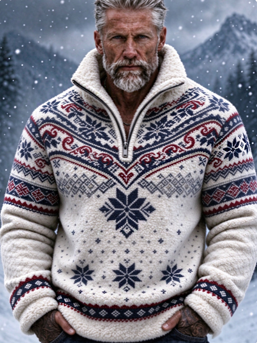Herren-Flanell-Sweatshirt im nordischen Fair-Isle-Stil mit geometrischem Schneeflockenmuster
