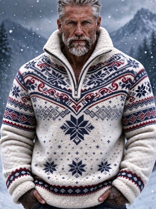 Herren-Flanell-Sweatshirt im nordischen Fair-Isle-Stil mit geometrischem Schneeflockenmuster