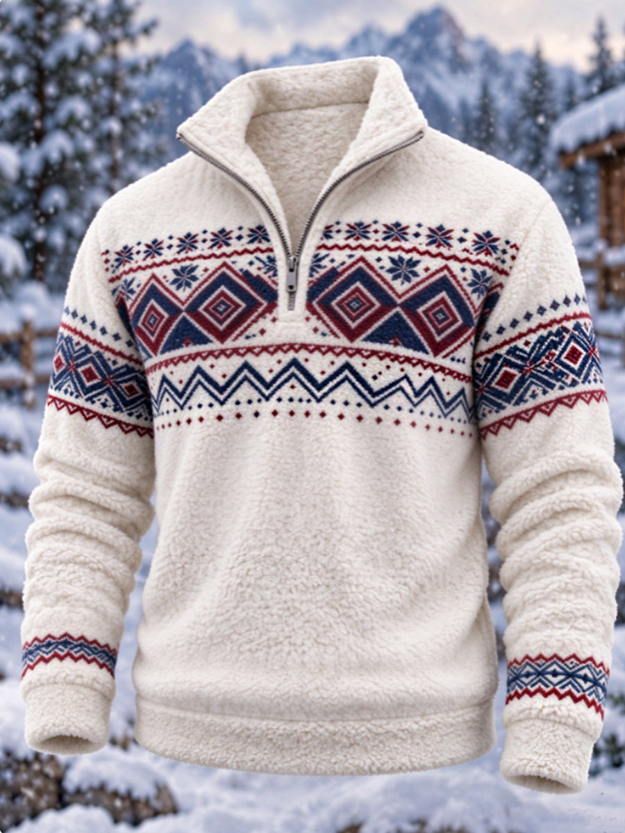 Herren-Flanell-Sweatshirt im nordischen Fair-Isle-Stil mit geometrischem Schneeflockenmuster