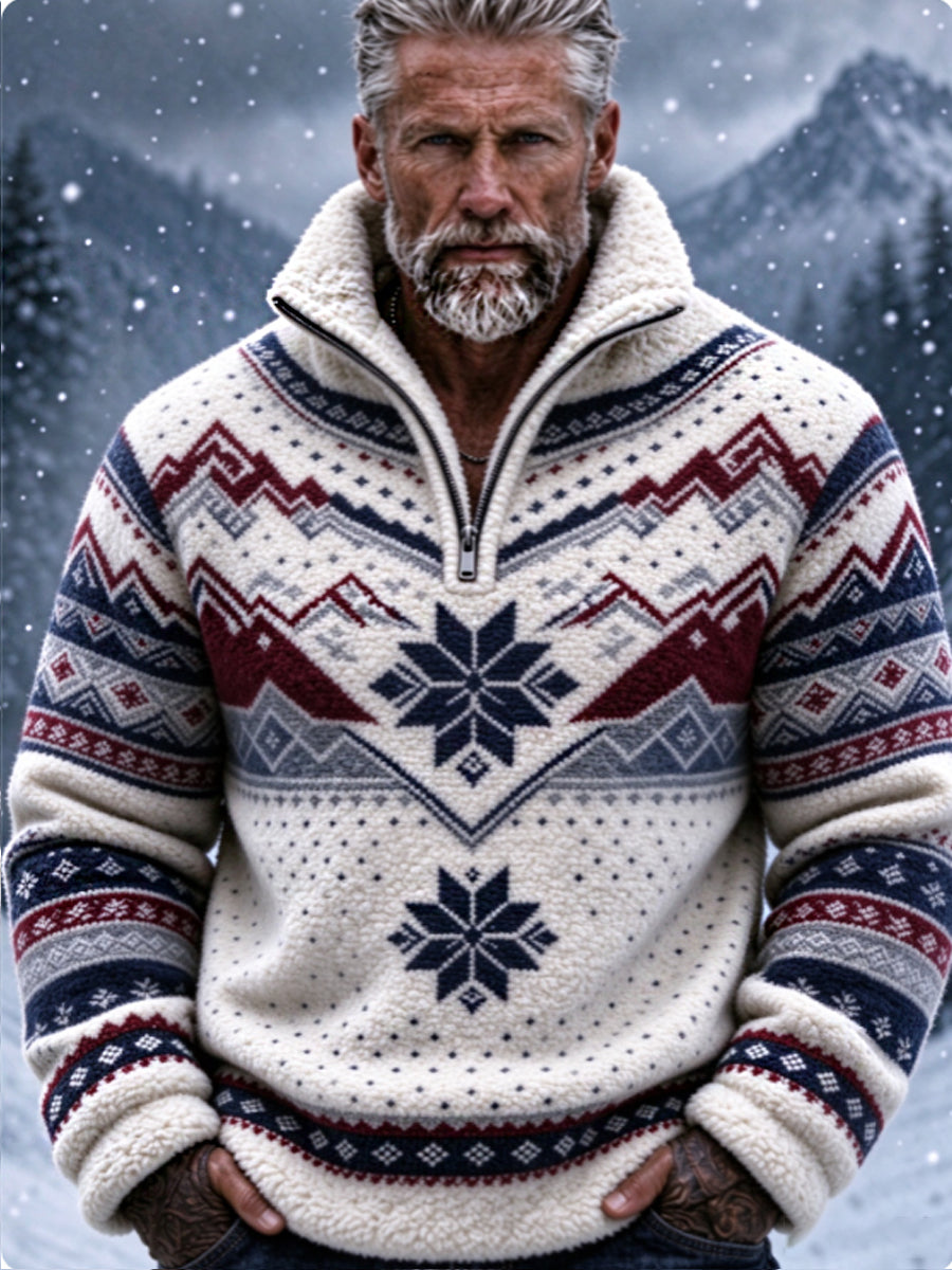 Herren-Flanell-Sweatshirt im nordischen Fair-Isle-Stil mit geometrischem Schneeflockenmuster