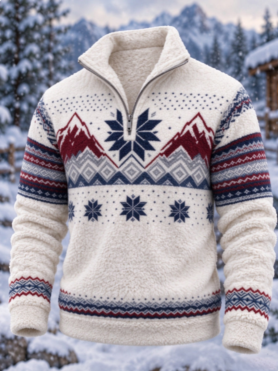 Herren-Flanell-Sweatshirt im nordischen Fair-Isle-Stil mit geometrischem Schneeflockenmuster