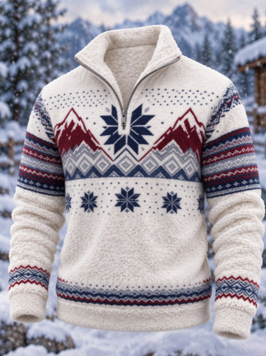 Herren-Flanell-Sweatshirt im nordischen Fair-Isle-Stil mit geometrischem Schneeflockenmuster
