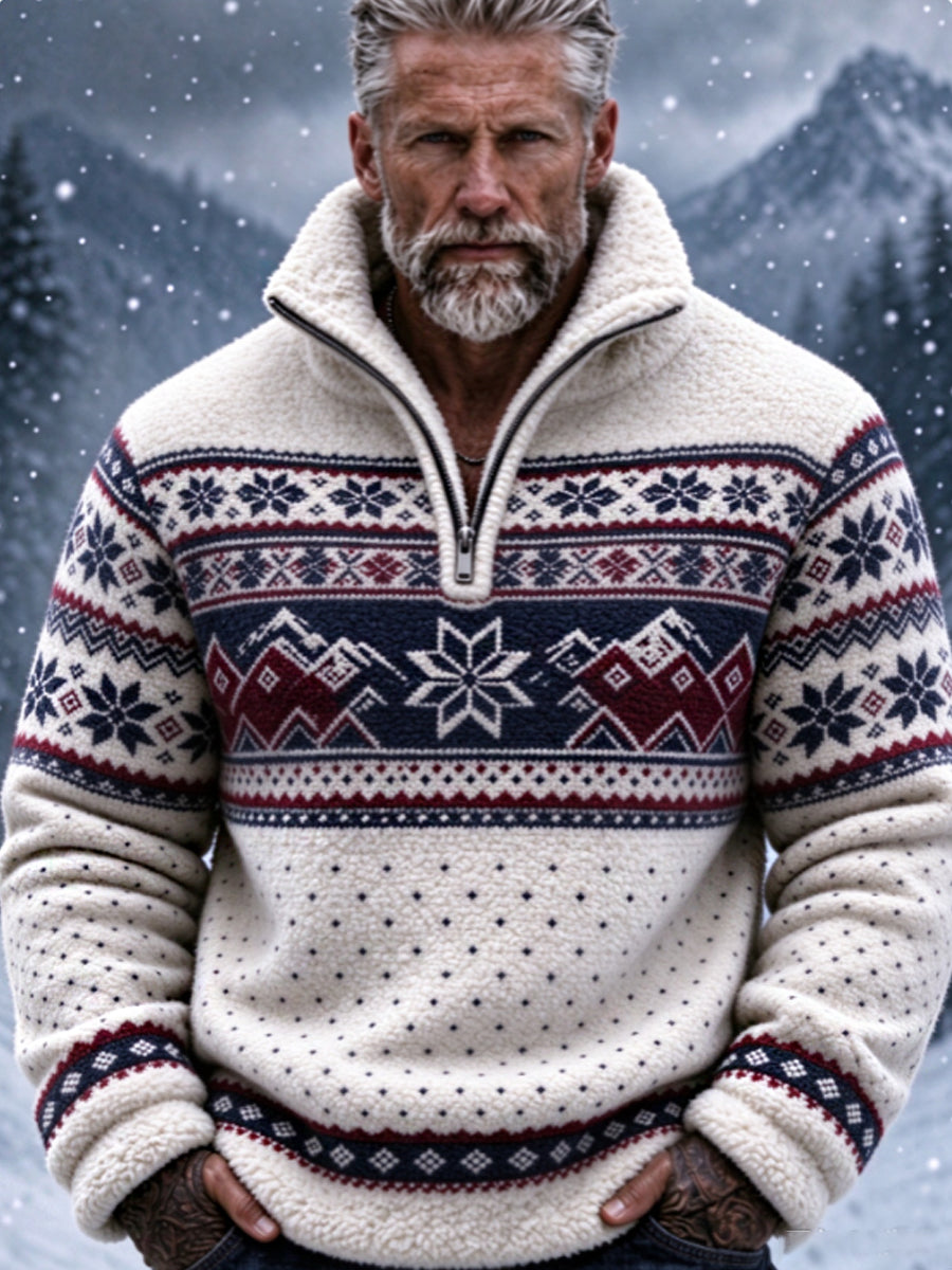 Herren-Flanell-Sweatshirt im nordischen Fair-Isle-Stil mit geometrischem Schneeflockenmuster