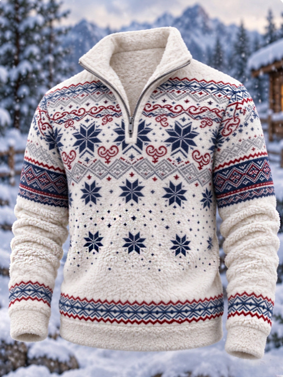 Herren-Flanell-Sweatshirt im nordischen Fair-Isle-Stil mit geometrischem Schneeflockenmuster