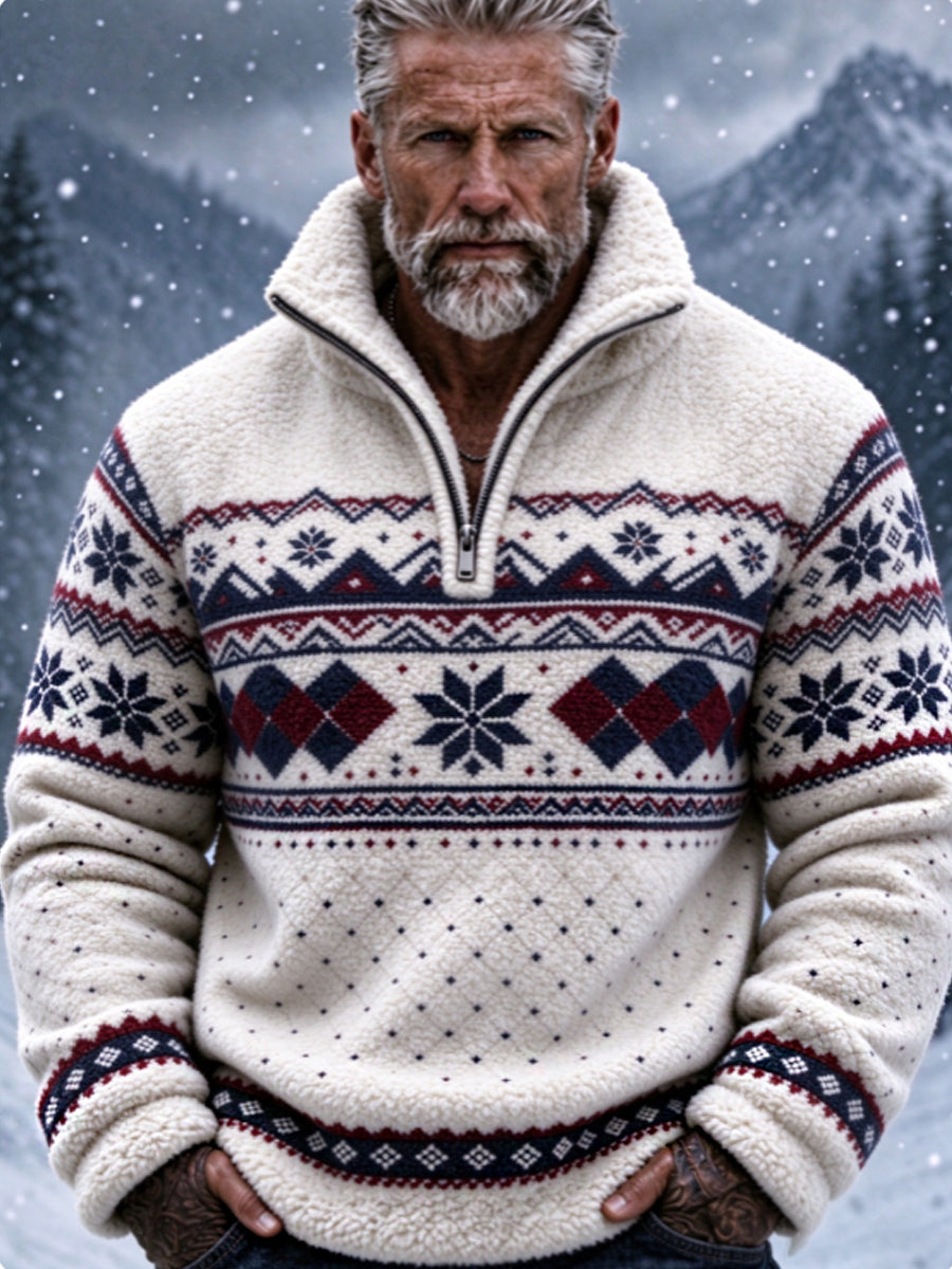 Herren-Flanell-Sweatshirt im nordischen Fair-Isle-Stil mit geometrischem Schneeflockenmuster