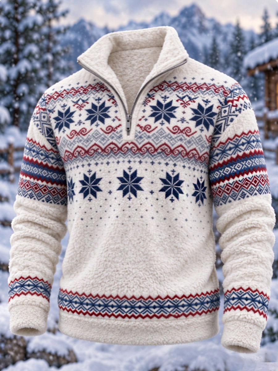 Herren-Flanell-Sweatshirt im nordischen Fair-Isle-Stil mit geometrischem Schneeflockenmuster