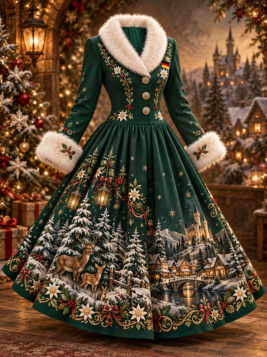 Langes, fleecegefüttertes Damenkleid mit weihnachtlichen Motiven