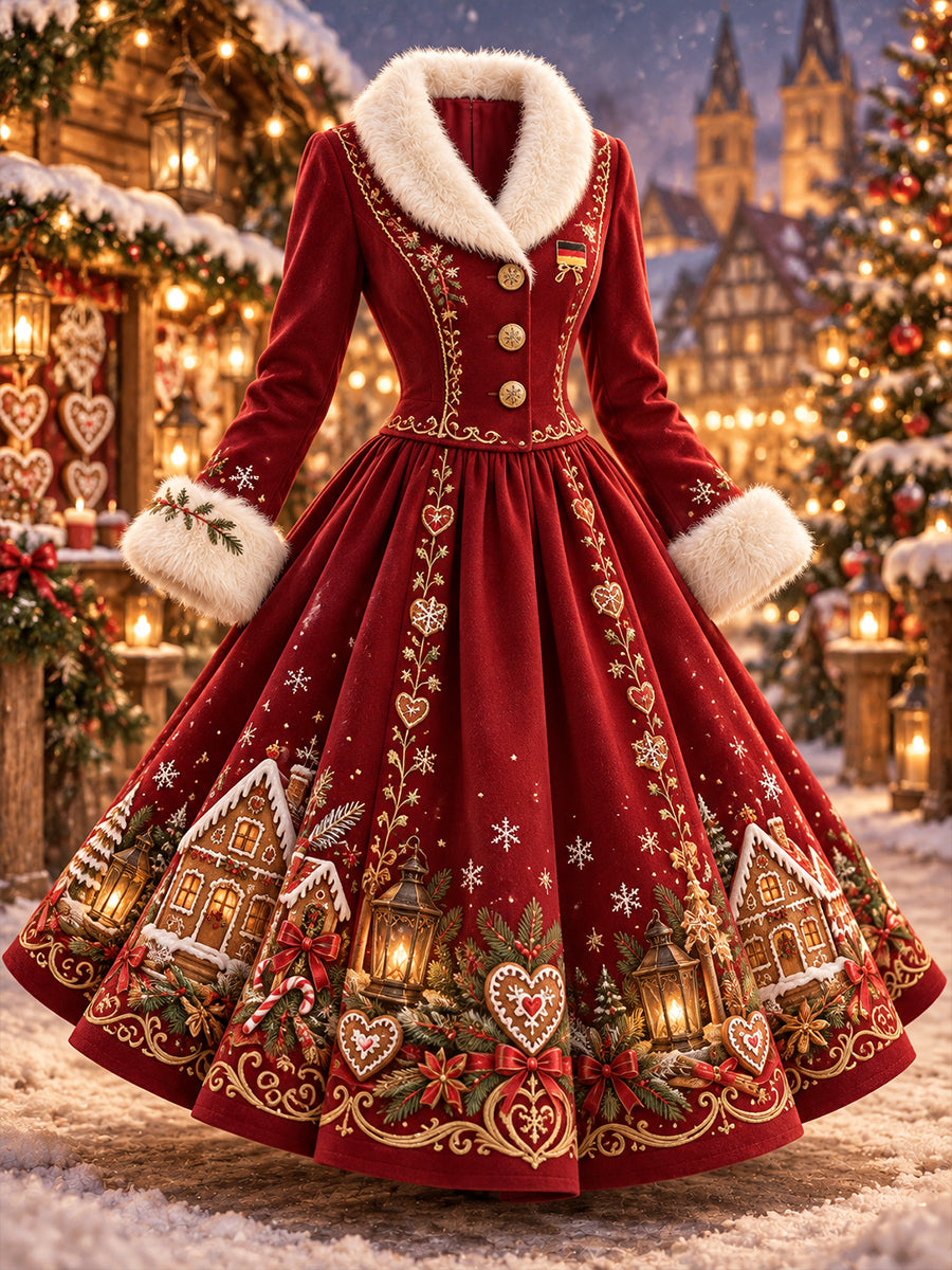 Langes, fleecegefüttertes Damenkleid mit weihnachtlichen Motiven