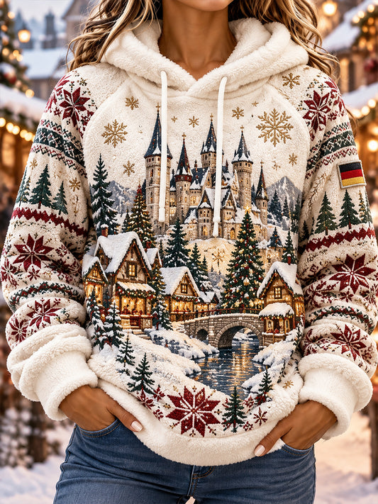 Damen-Kapuzenpullover mit weihnachtlichem Print, Fleece-Innenfutter und Raglanärmeln