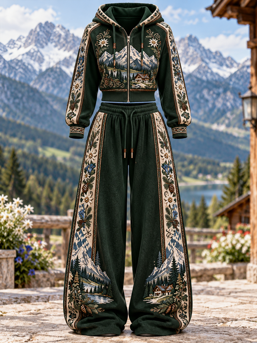Damen-Sweatshirtjacke mit abfallender Schulter und Jogginghose – 2-teiliges Set im alpinen Stil