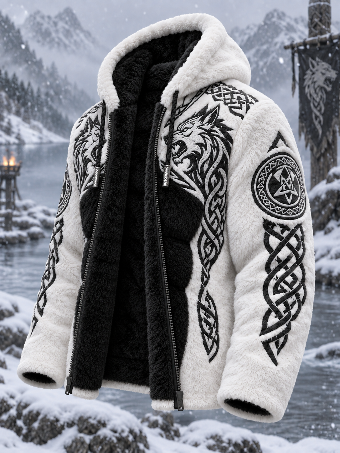 Herren-Viking-Keltisches-Art-Plüsch-Kuscheljacke mit Reißverschluss und Kapuze