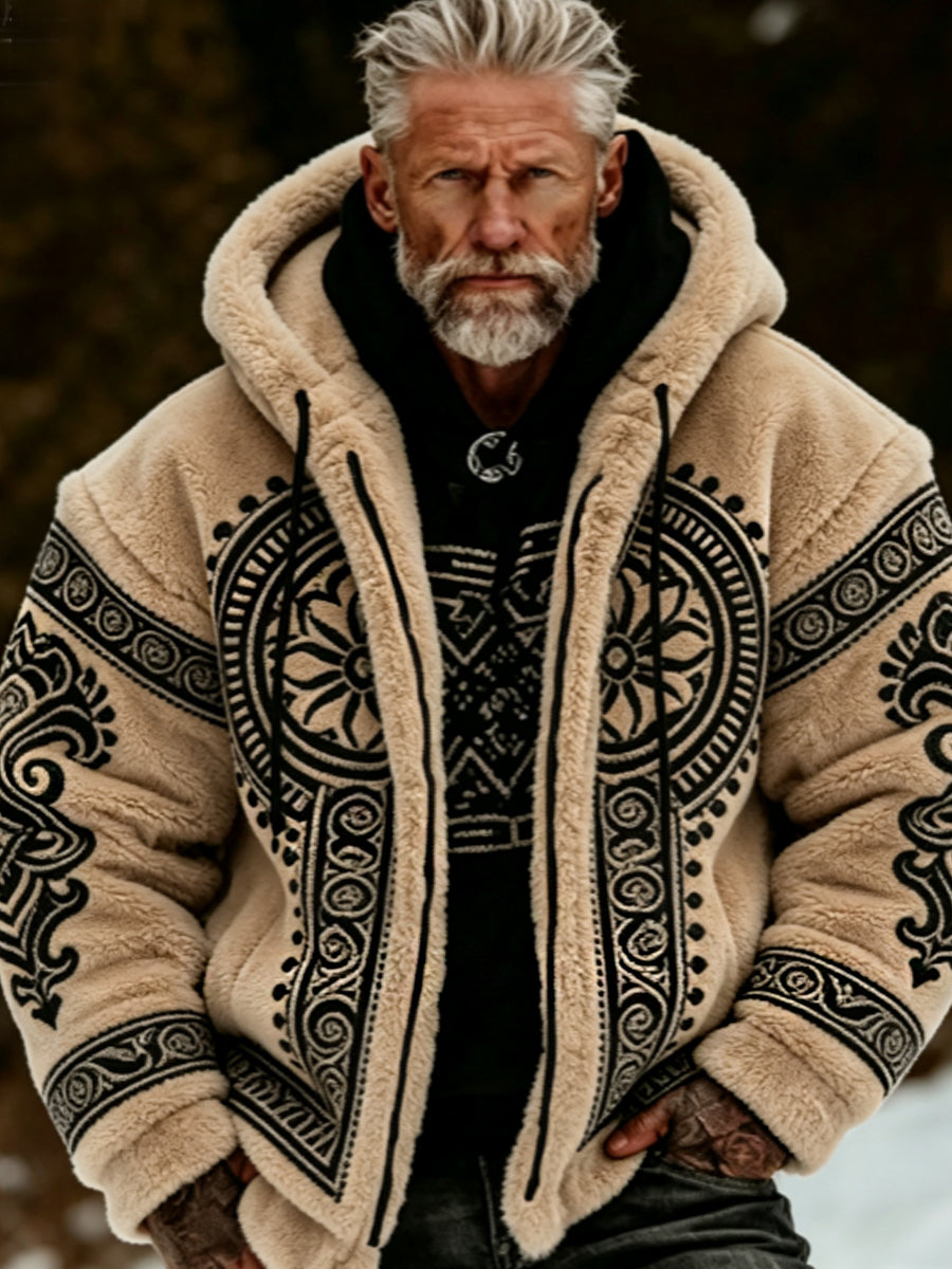 Herren-Viking-Keltisches-Art-Plüsch-Kuscheljacke mit Reißverschluss und Kapuze