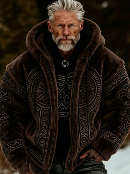 Herren-Viking-Keltisches-Art-Plüsch-Kuscheljacke mit Reißverschluss und Kapuze