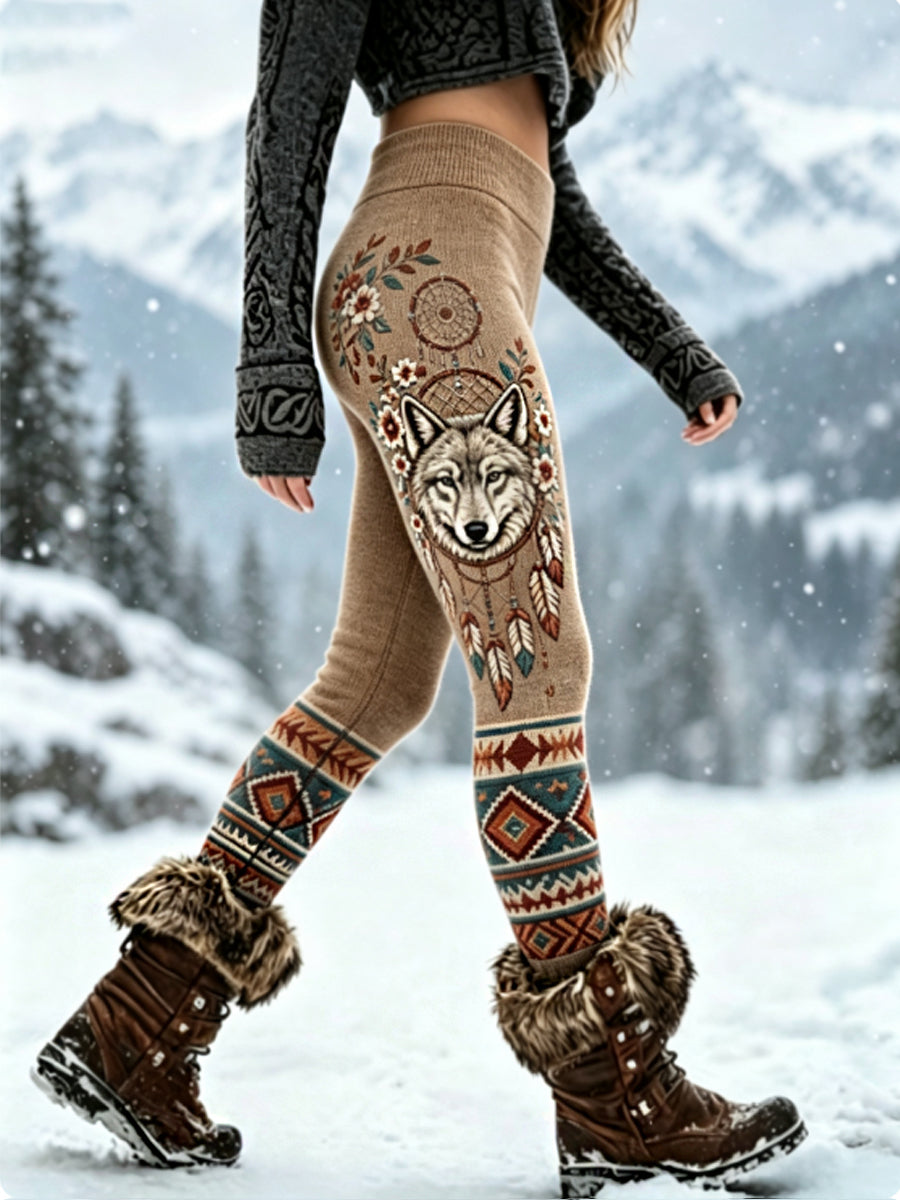 Damen-Vintage-Leggings aus dickem Samt mit Wikinger-Wolfskopf- und Aztekendesign