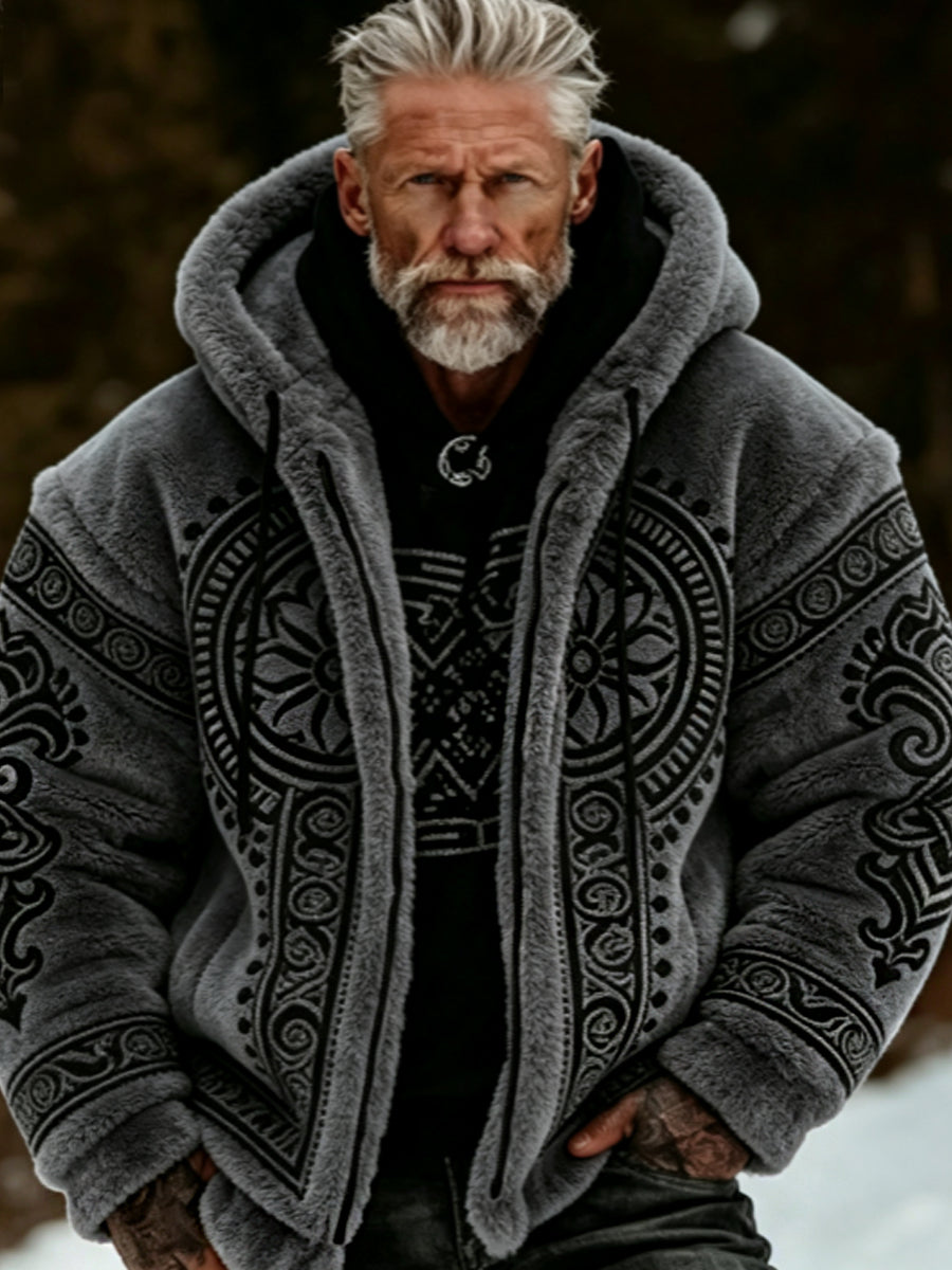 Herren-Viking-Keltisches-Art-Plüsch-Kuscheljacke mit Reißverschluss und Kapuze
