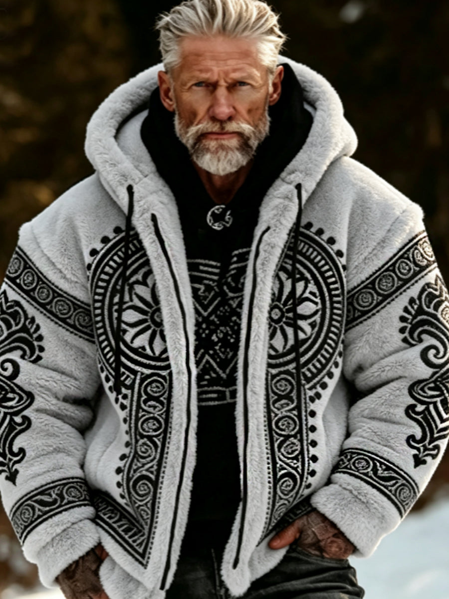 Herren-Viking-Keltisches-Art-Plüsch-Kuscheljacke mit Reißverschluss und Kapuze