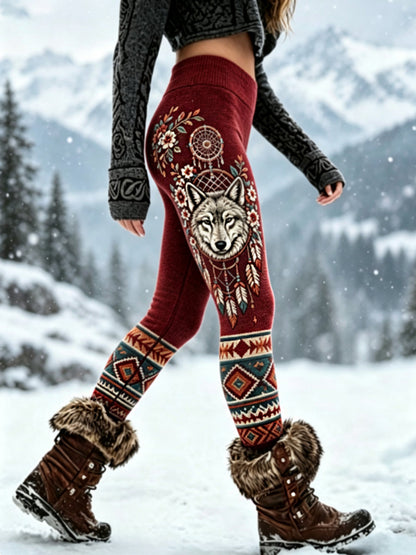 Damen-Vintage-Leggings aus dickem Samt mit Wikinger-Wolfskopf- und Aztekendesign
