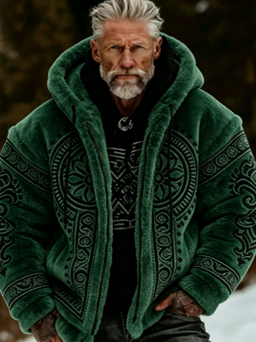Herren-Viking-Keltisches-Art-Plüsch-Kuscheljacke mit Reißverschluss und Kapuze