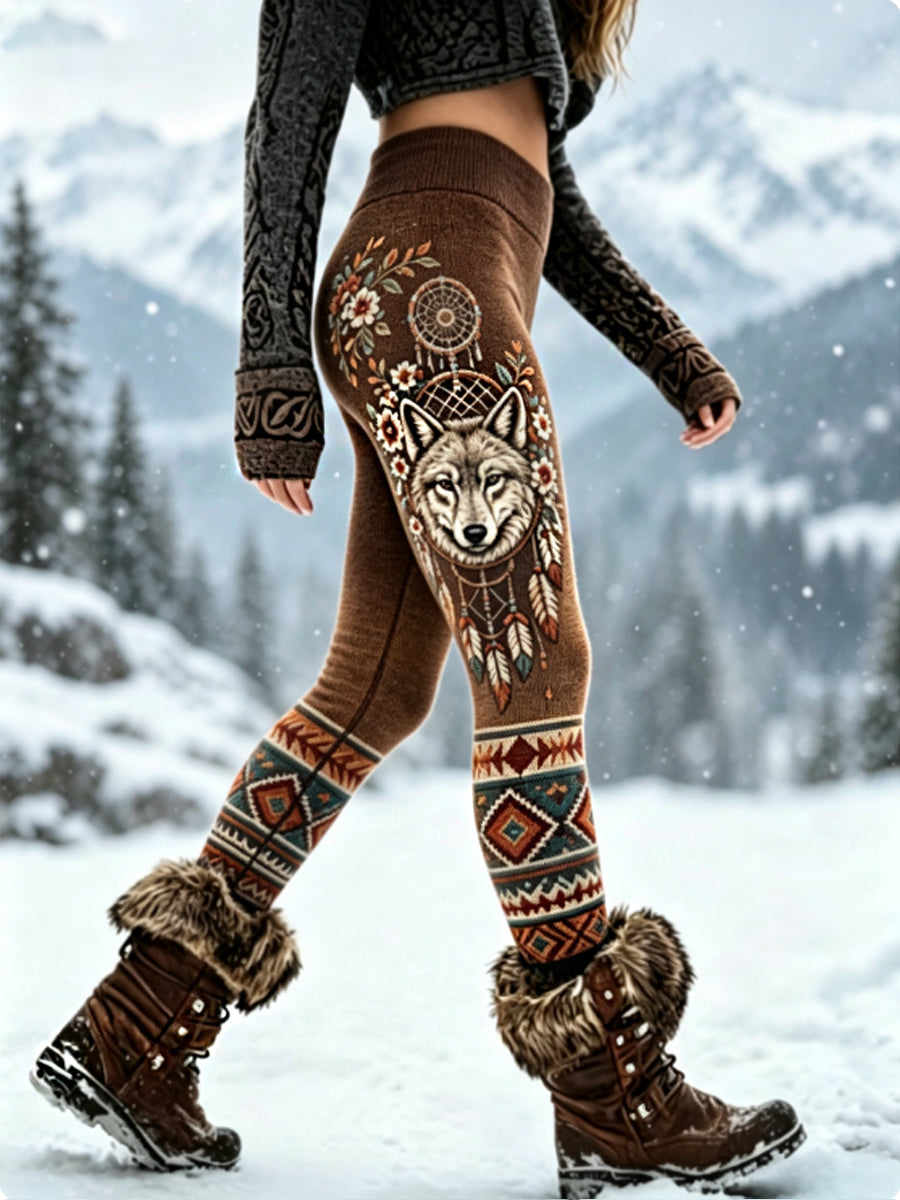Damen-Vintage-Leggings aus dickem Samt mit Wikinger-Wolfskopf- und Aztekendesign