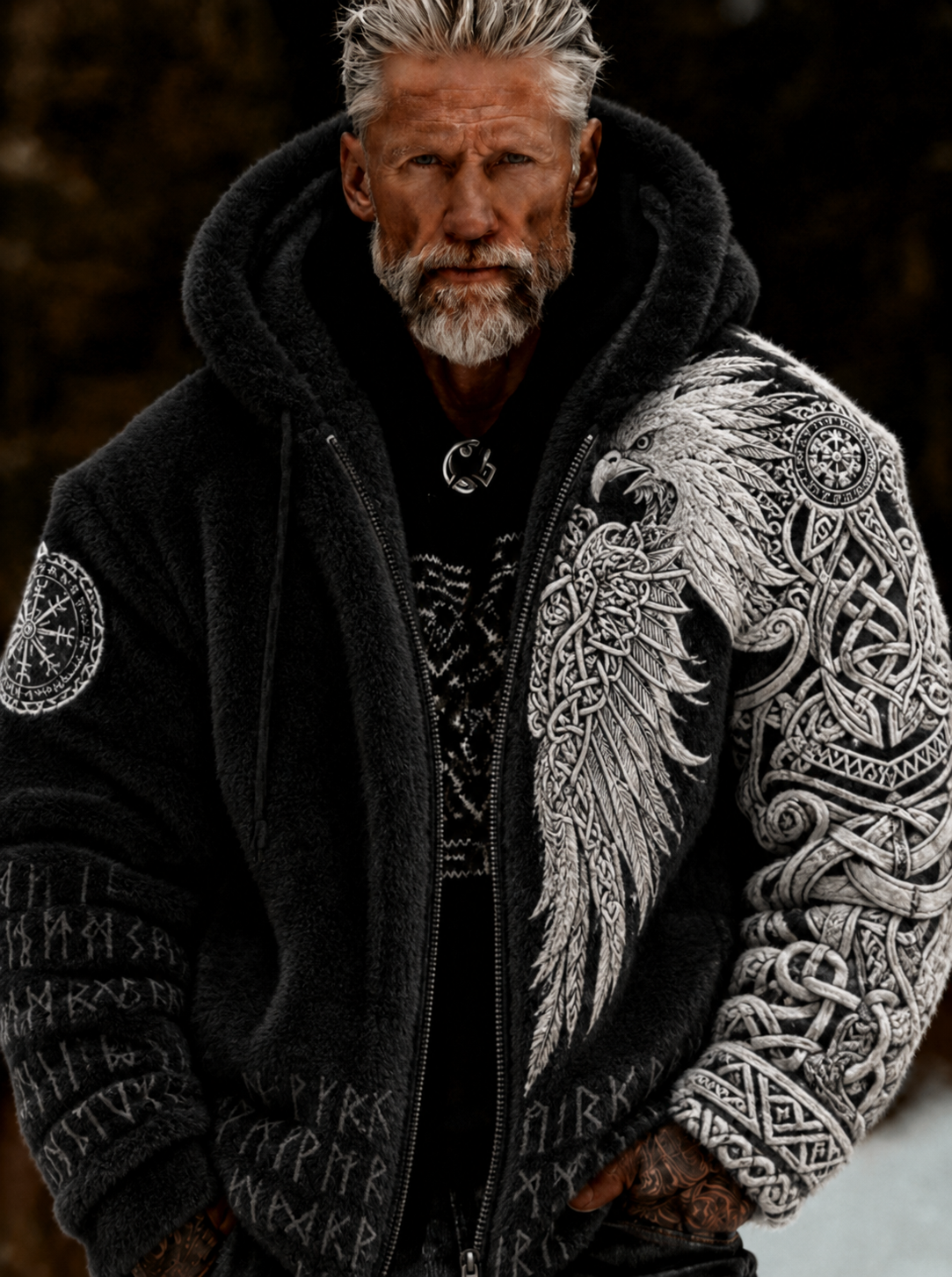 Herren-Viking-Keltisches-Art-Plüsch-Kuscheljacke mit Reißverschluss und Kapuze