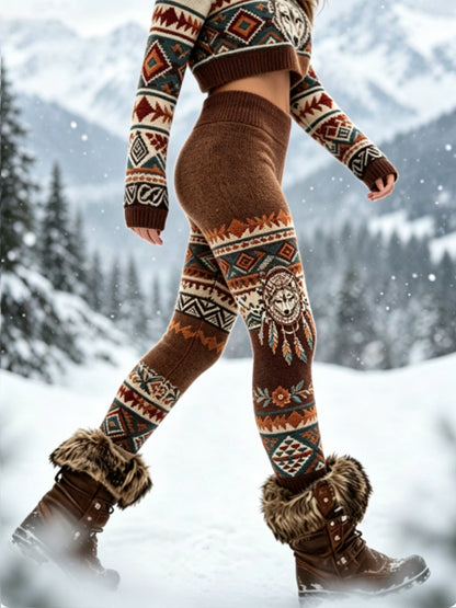 Damen-Vintage-Leggings aus dickem Samt mit Wikinger-Wolfskopf- und Aztekendesign