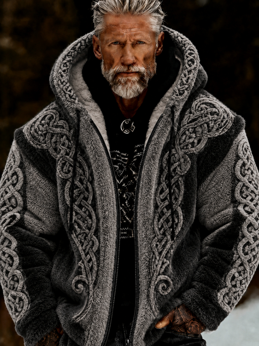 Herren-Viking-Keltisches-Art-Plüsch-Kuscheljacke mit Reißverschluss und Kapuze