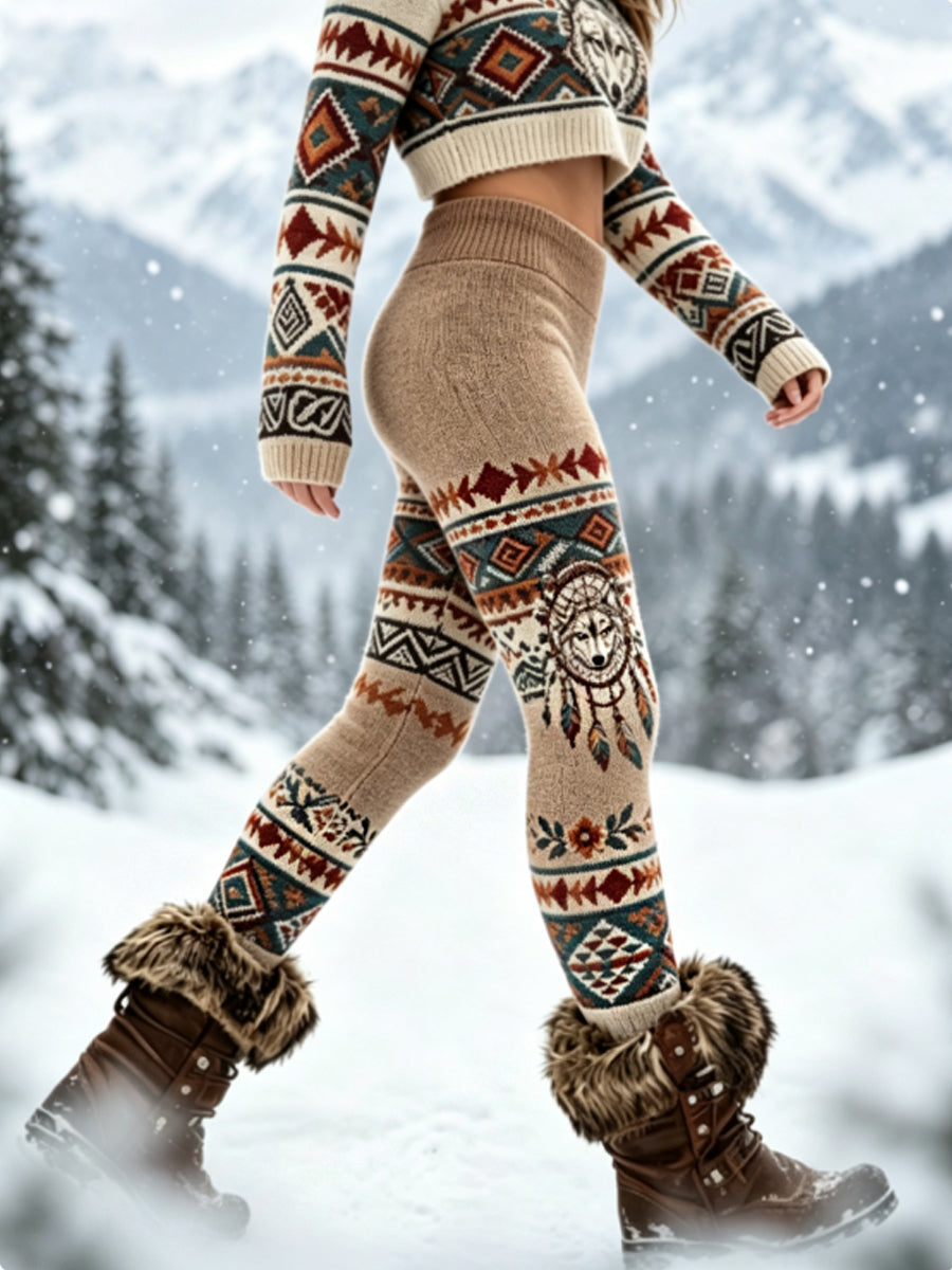 Damen-Vintage-Leggings aus dickem Samt mit Wikinger-Wolfskopf- und Aztekendesign