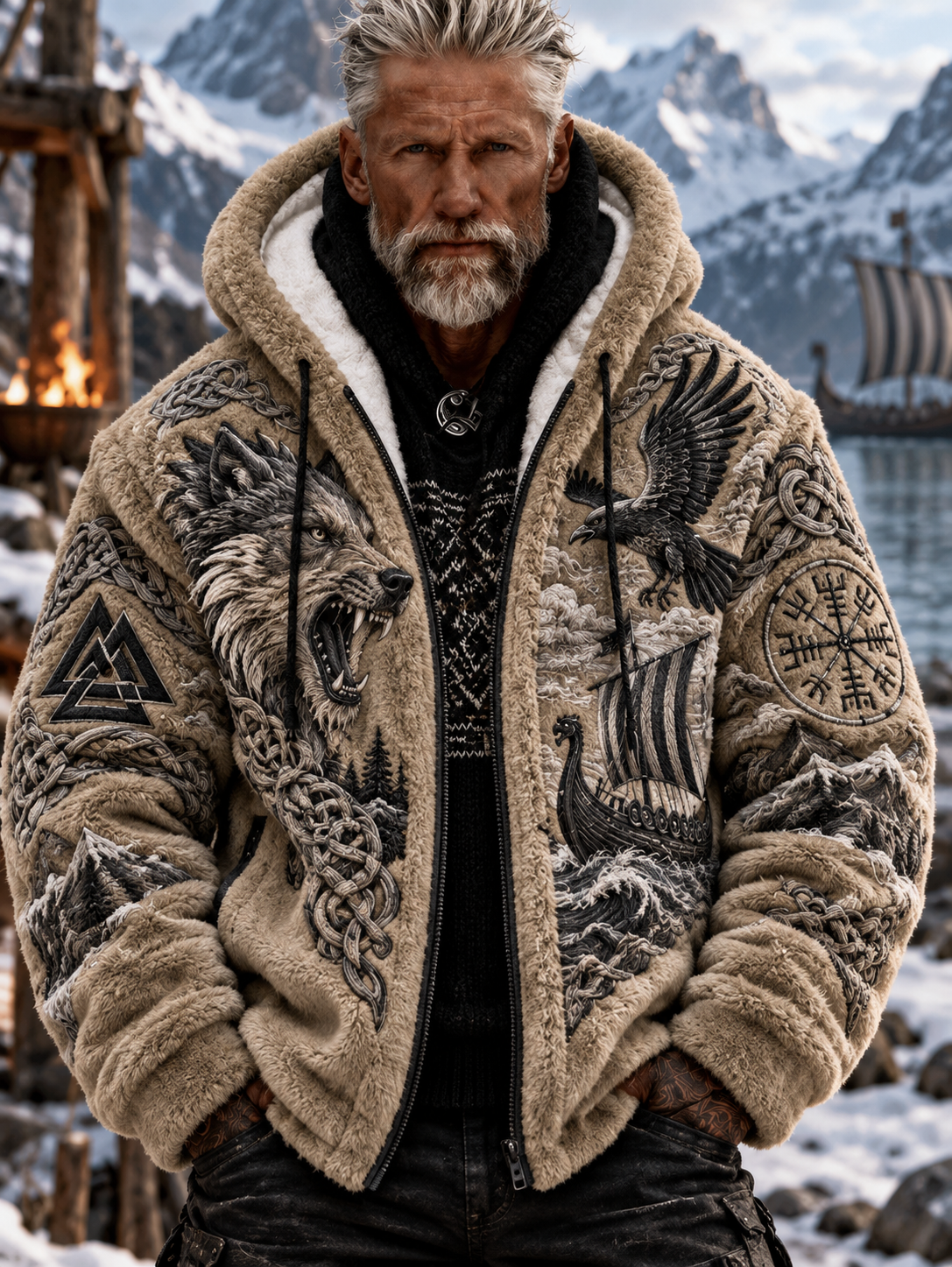 Herren-Vintage-Wikinger-Nordische-Mythologie-Valknut-Keltisches-Knotenmuster-Flanelljacke