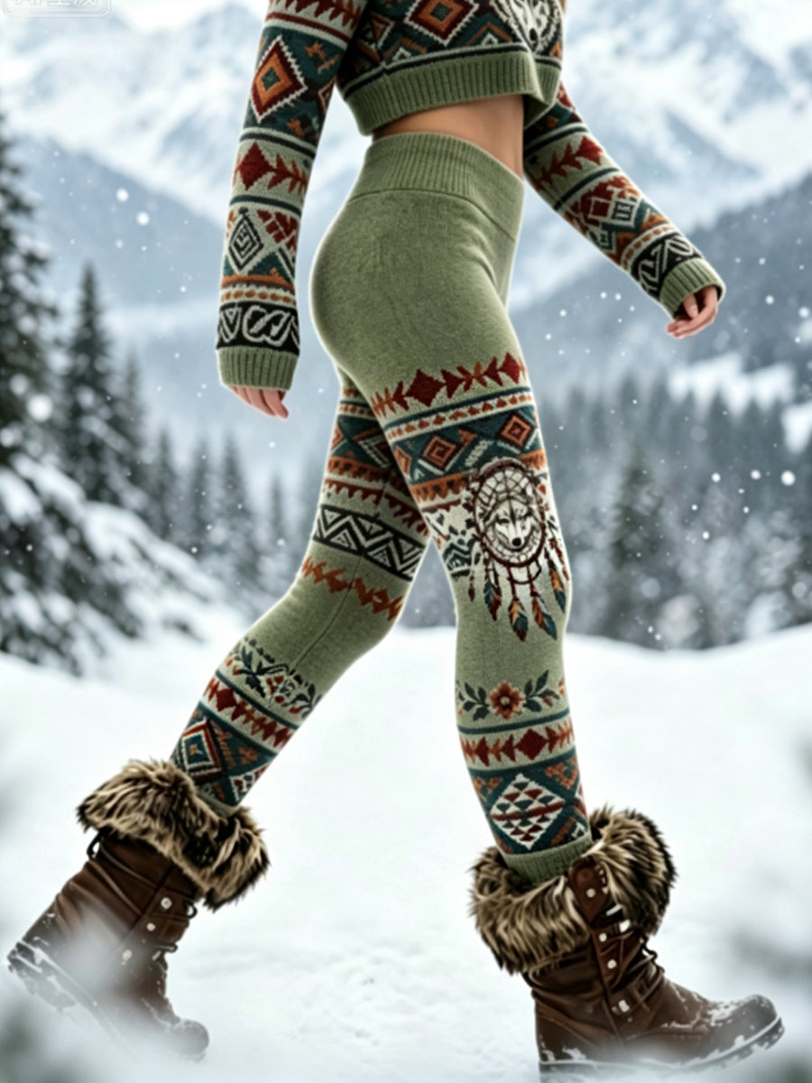 Damen-Vintage-Leggings aus dickem Samt mit Wikinger-Wolfskopf- und Aztekendesign