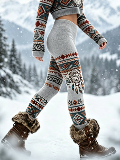 Damen-Vintage-Leggings aus dickem Samt mit Wikinger-Wolfskopf- und Aztekendesign