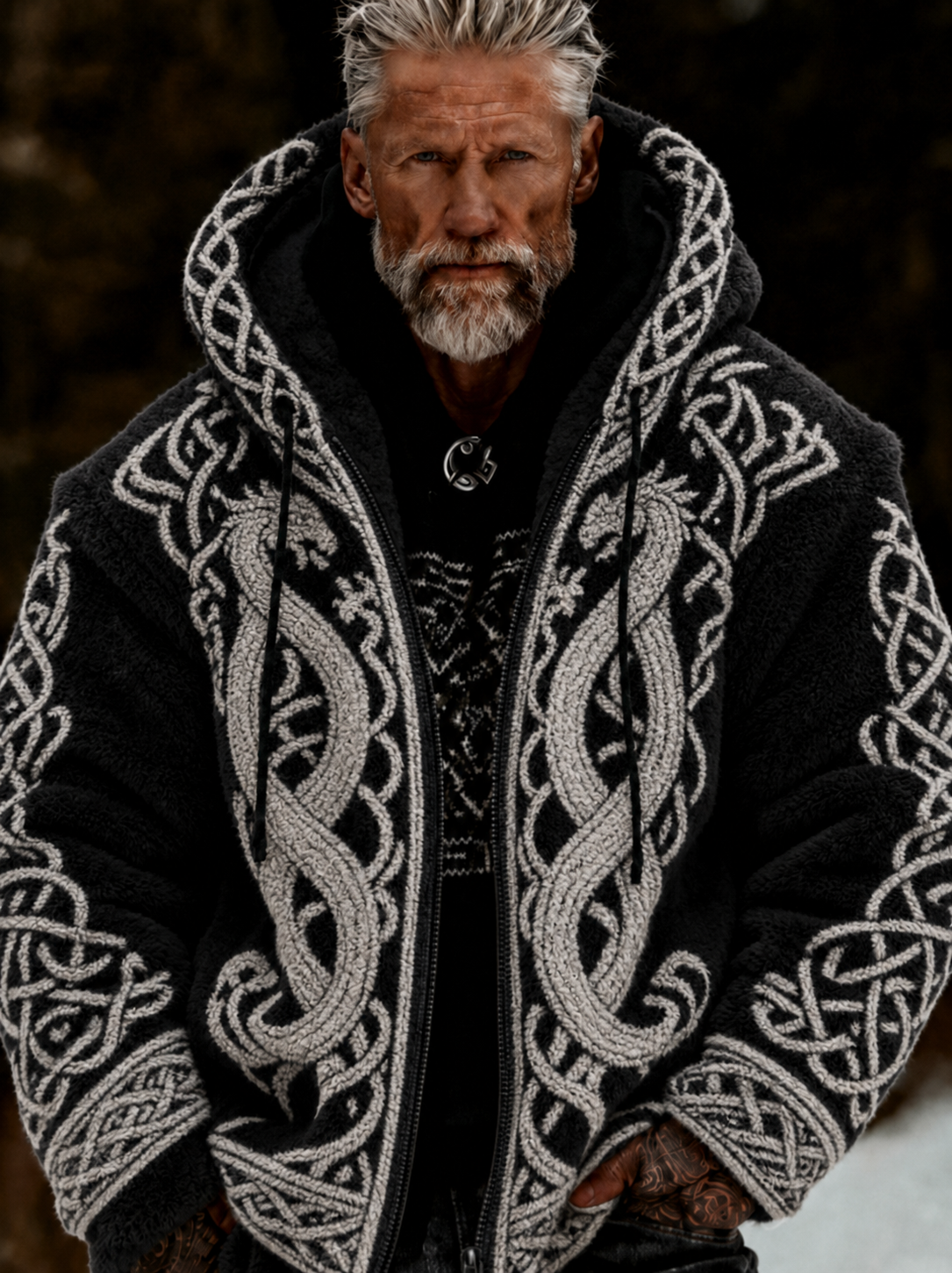 Herren-Viking-Keltisches-Art-Plüsch-Kuscheljacke mit Reißverschluss und Kapuze
