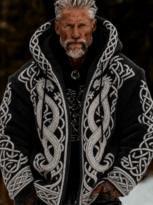 Herren-Viking-Keltisches-Art-Plüsch-Kuscheljacke mit Reißverschluss und Kapuze