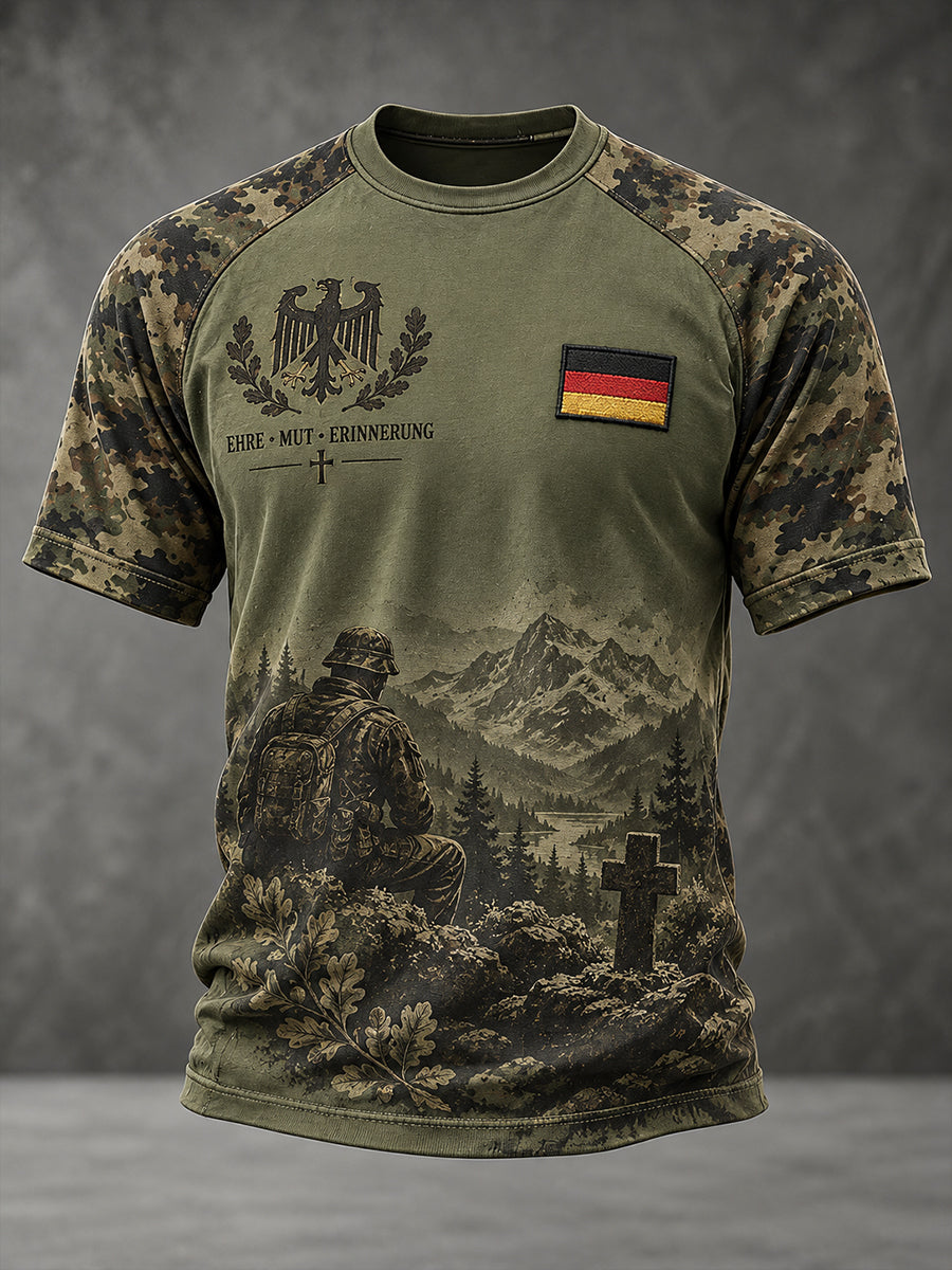Herren-Grafik-Raglan-T-Shirt mit Kurzärmeln und Veteranen-Gedenkmotiv