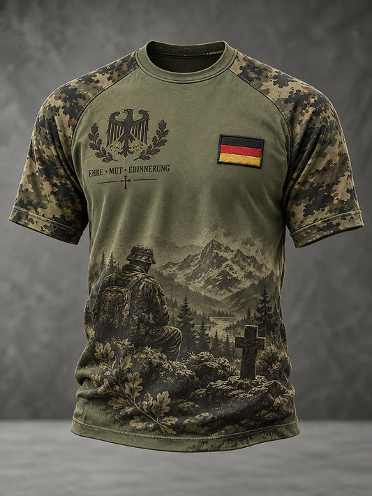 Herren-Grafik-Raglan-T-Shirt mit Kurzärmeln und Veteranen-Gedenkmotiv