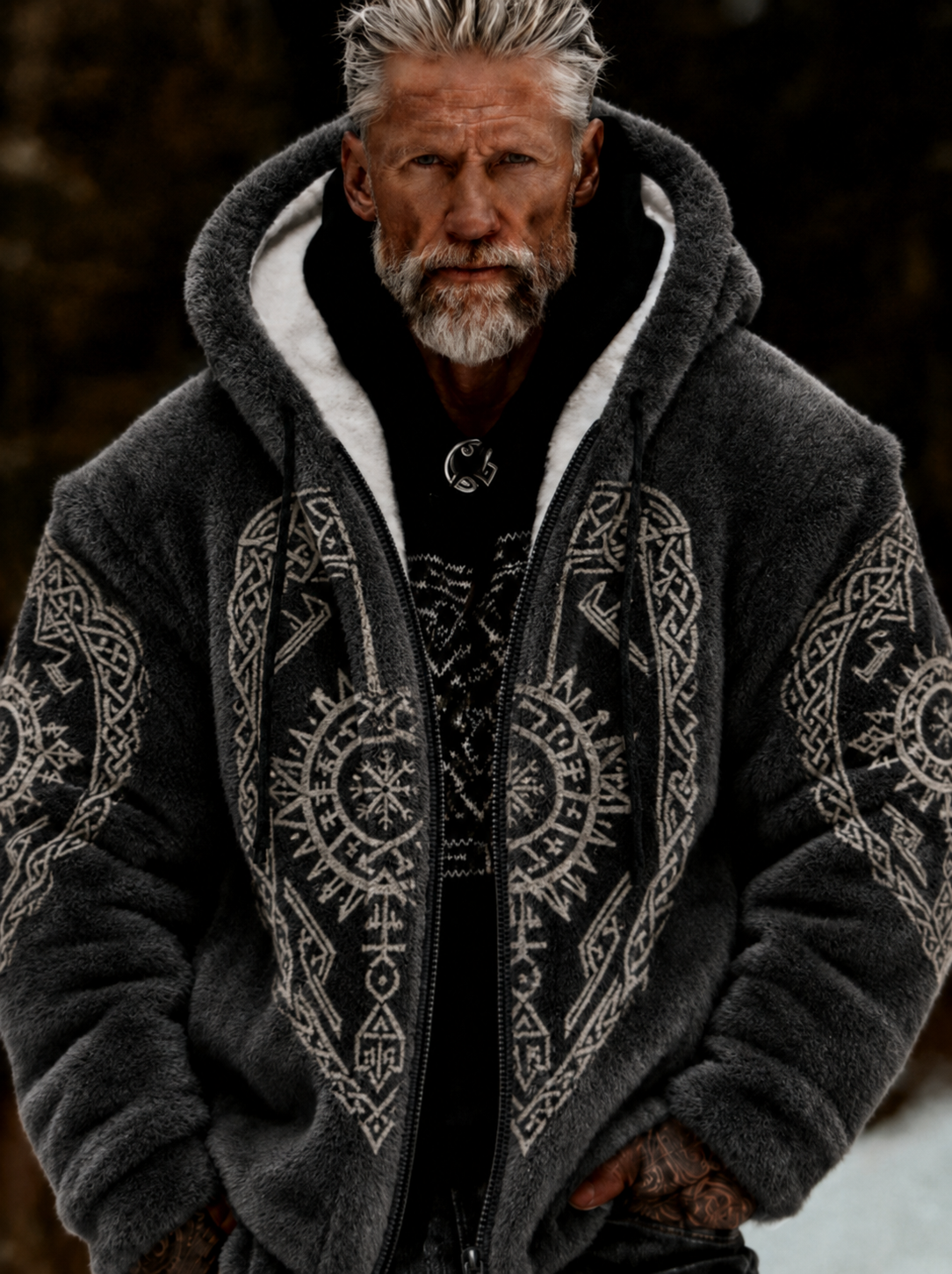 Herren-Viking-Tree-of-Life-Kapuzenjacke im keltischen Stil, aus weichem Plüsch, kuschelig warm, mit Reißverschluss