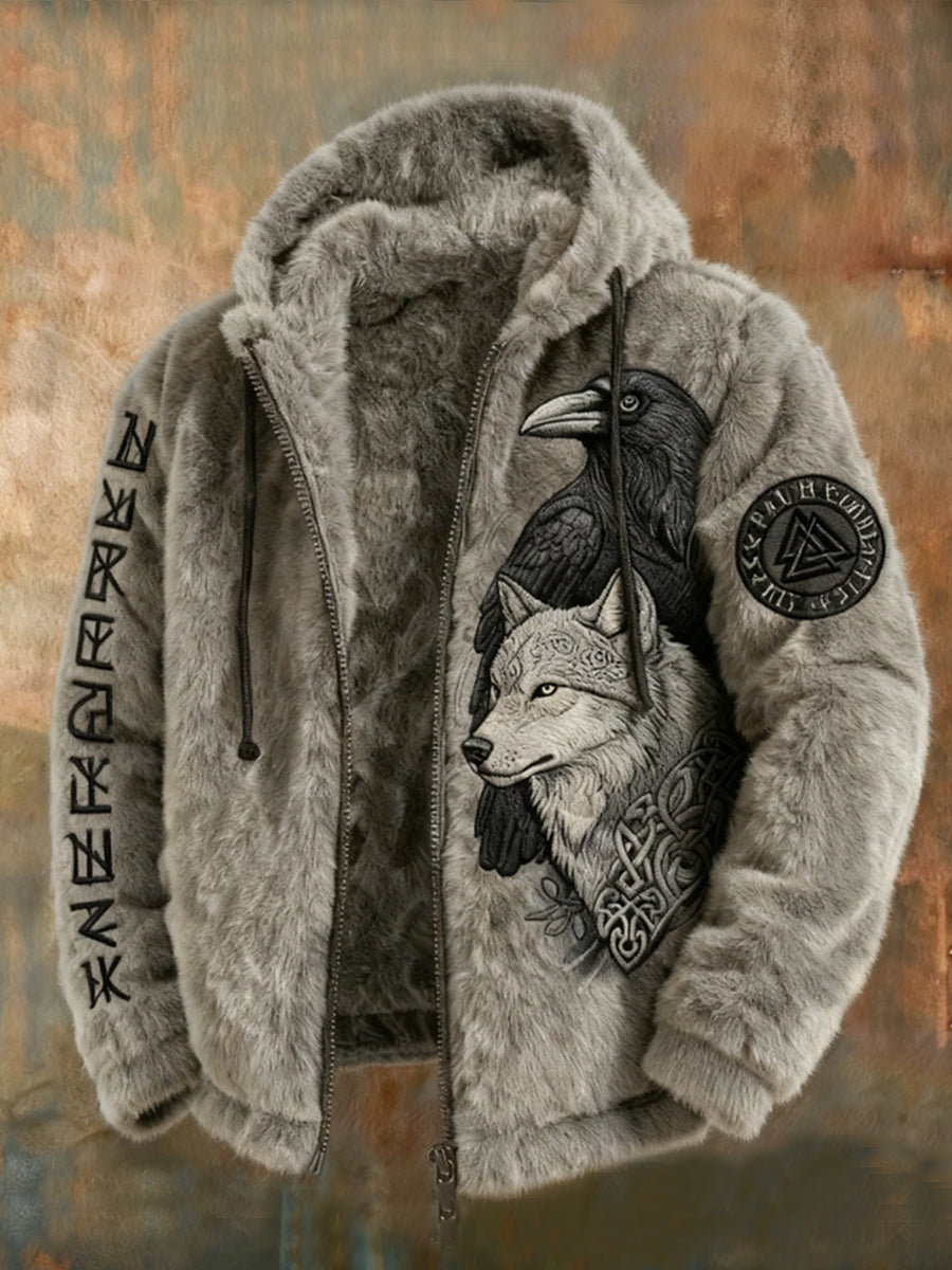 Herren Viking Tribal Jacquard Celtic mit Krähen & Wölfen inspirierte Plüsch warme Kapuzen jacke mit Reiß verschluss