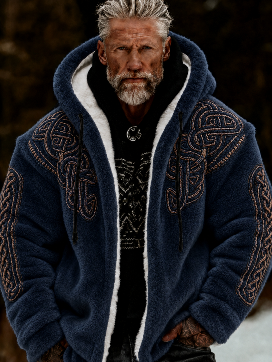 Herren-Viking-Keltisches-Art-Plüsch-Kuscheljacke mit Reißverschluss und Kapuze