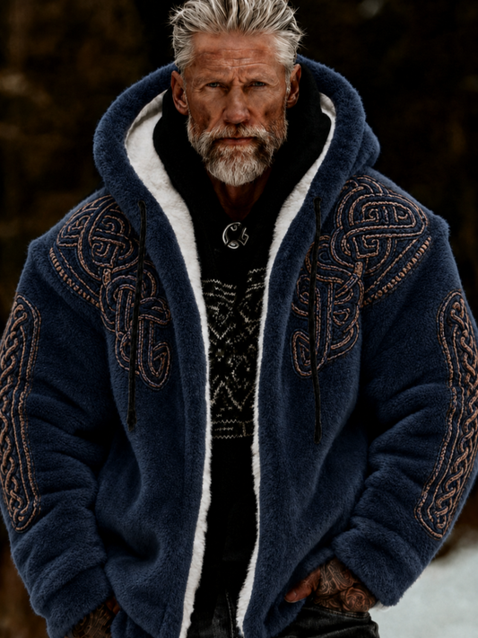 Herren-Viking-Keltisches-Art-Plüsch-Kuscheljacke mit Reißverschluss und Kapuze