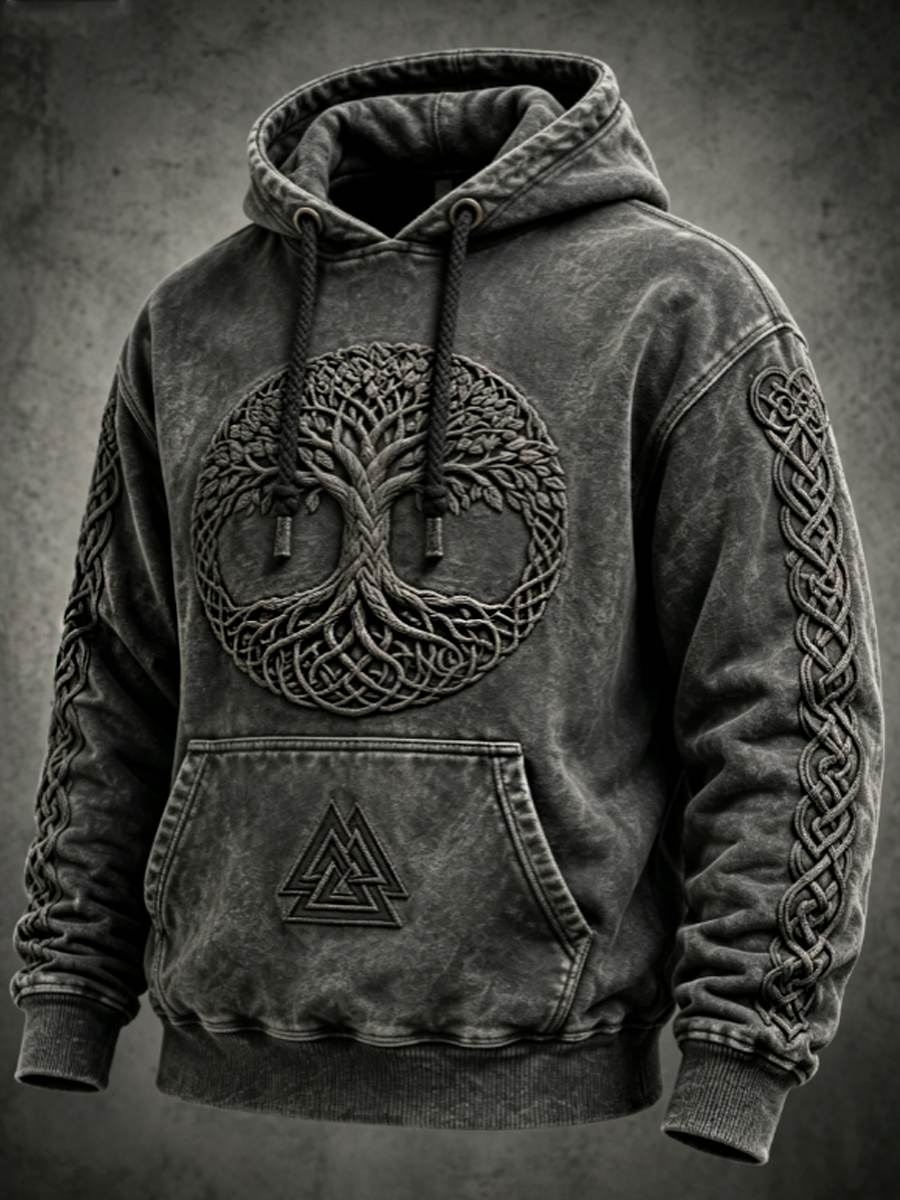 Herren-Retro-Viking-Valknut-Lebensbaum-Kapuzenpullover mit übergroßer Passform und tief angesetzten Schultern