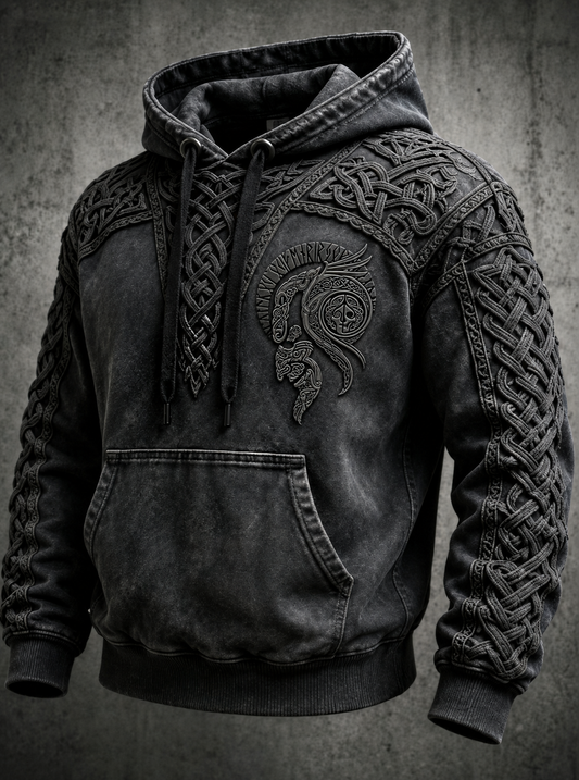 Herren-Retro-Viking-Valknut-Kapuzenpullover mit übergroßer, abgesenkter Schulterpartie