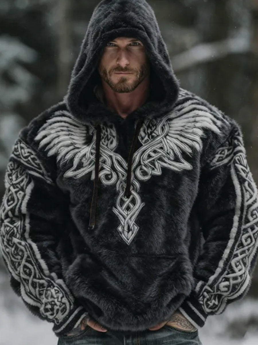 Herren Viking Celtic Wings Muster Gemütlicher Plüsch Flanell Hoodie
