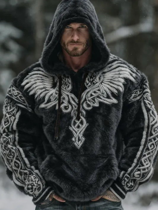 Herren Viking Celtic Wings Muster Gemütlicher Plüsch Flanell Hoodie