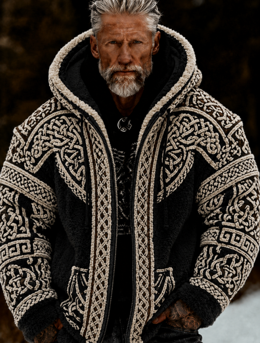 Herren-Viking-Keltisches-Art-Plüsch-Kuscheljacke mit Reißverschluss und Kapuze
