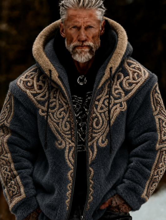 Herren-Viking-Tree-of-Life-Kapuzenjacke im keltischen Stil, aus weichem Plüsch, kuschelig warm, mit Reißverschluss
