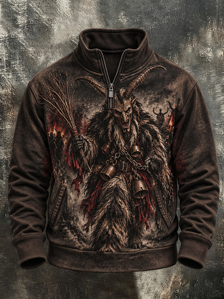 Herren-Krampusnacht-Print-Sweatshirt mit Reißverschluss