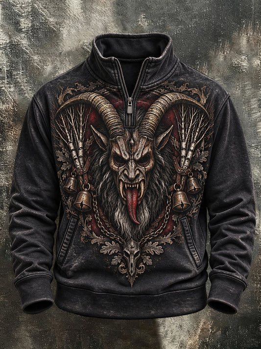 Herren-Krampusnacht-Print-Sweatshirt mit Reißverschluss