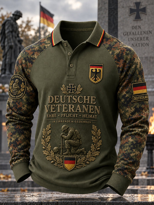 Herren-Poloshirt mit langen Raglanärmeln im Veteranen-Gedenkdesign