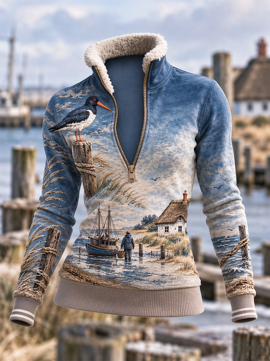 Damen-Oberteil mit Küstenmotiv und Pelzkragen