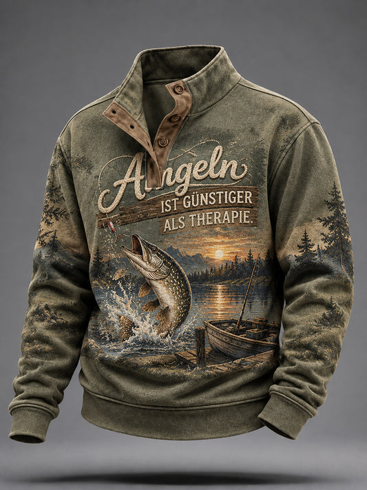 Herren-Sweatshirt mit lustigem Angler-Slogan und vier Knöpfen